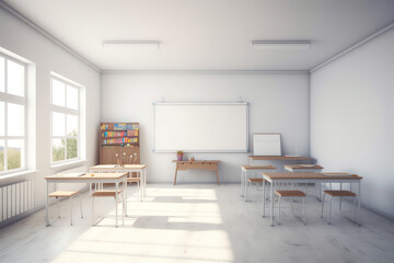 Generative AI Empty classroom for teach and learn. Interior floor decoration by wood with texture. Include green board or chalkboard with coppy space for draw and write surface. Education background. 