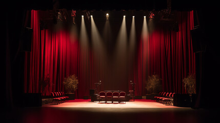 Poster - Generative AI Empty scene with a red curtain and spotlights. Concert, show, performance