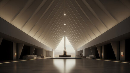 Poster - Generative AI Modern minimalistic church or chapel interior lit by morning sunlight. Two rows of empty wooden pews. Simple alar at the center. Place of worship with cross on the wall. Christianity, re
