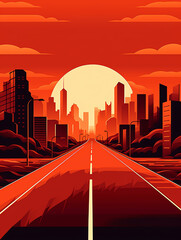 Poster - Generative AI Asphalt road and modern city skyline with buildings scenery at sunset