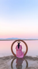 Wall Mural - Generative AI empty chair and shawl in the sea, long exposure, sunset