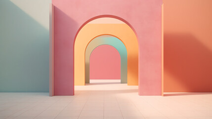 Poster - Generative AI View of empty pink room with arch design and concrete floor,Museum space, Chapel entrance, Perspective of minimal architecture. 3D render.