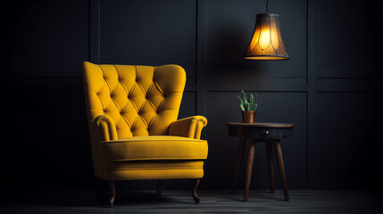 Poster - Generative AI A black chair on Yellow background, Spot light of lamp on chair,stage light Bar stool chair