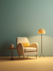 Poster - Generative AI A black chair on Yellow background, Spot light of lamp on chair,stage light Bar stool chair