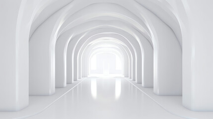 Poster - Generative AI View of empty white room with arch design and concrete floor,Museum space, Chapel entrance, Perspective of minimal architecture. 3D render.