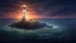 A tall, slender lighthouse emits a radiant beacon in the dark night. Generative AI