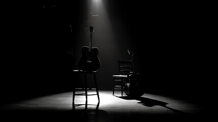 Poster - Generative AI A wooden chair standing in the middle of an empty stage under the light of soffits, in black and white