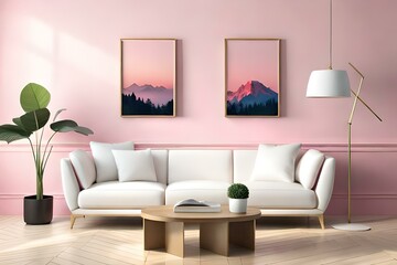 two wooden frames on pink and white wall, frame mockup, 3d render, 3d illustration