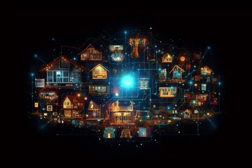 Fototapete - Developing a digital network for smart homes and cities. smart citi and network communication concepts. Generative AI