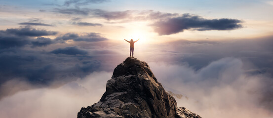 Wall Mural - Adventurous Woman Standing on top of Mountain Cliff. Exteme Adventure Composite