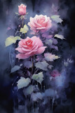 Fototapeta Kwiaty - Watercolor composition with pink rose and  dark gray leaves. AI generation