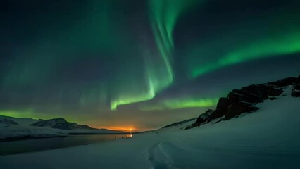 aurora in the european highlands, in the winter mountains, lakes and forests with the beauty of a cl
