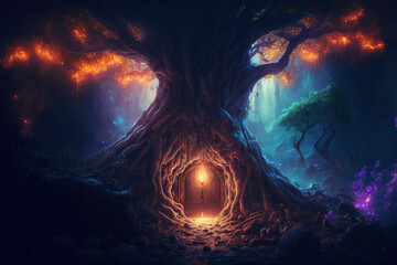 Wall Mural - Sacred fantasy tree of life with afterlife portal gate leading to divine mystery . Home shrine of ancient astral soul in deep dark chakra forest at beautiful night . Admirable Generative AI image .