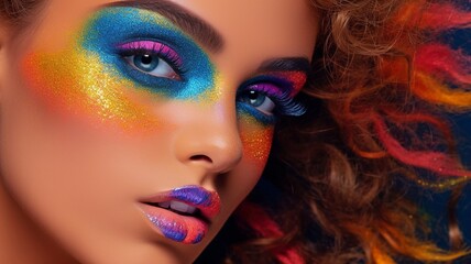 A close-up of a model wearing vibrant makeup. GENERATE AI