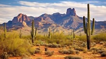 Tall Saguaro Cactus In The Desert Surround Four Peaks, A Well-known Feature Of The Mazatzal Mountains On Phoenix, Arizona's Eastern Skyline. GENERATE AI