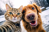 Fototapeta Miasto - Cat and dog best friends taking a selfie shot. Generative AI