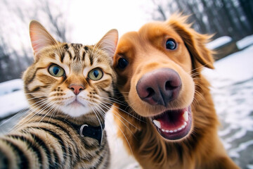 Cat and dog best friends taking a selfie shot. Generative AI