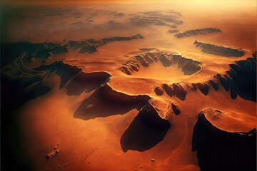 Wall Mural - Fantastic mars landscape aerial top view. Concept of rough surface of red planet atmosphere. Finest generative AI.