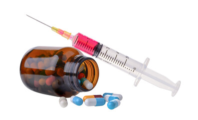 Wall Mural - pill and bottle and  plastic syringe isolated on transparent png