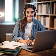 woman students are sitting in the library reading.woman students using labtop in college library.