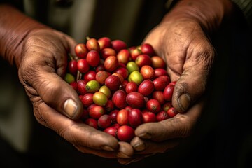 Arabica coffee berries wrapped in the hands of a farmer at a coffee plantation. Generative ai