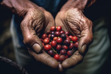 Wall Mural - Arabica coffee berries wrapped in the hands of a farmer at a coffee plantation. Generative ai