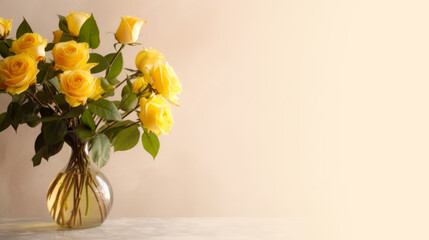 Wall Mural - vase with yellow roses on a light background, created using AI technology