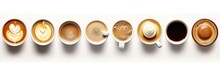 Top View, Set Of Paper Take Away Cups Of Different Black Coffee Isolated On White Background. Generative Ai
