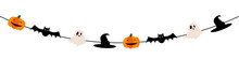 Flag With Pumpkins, Monsters, Vampire Bats, Skulls And Ghosts Motif For Halloween Decoration On Transparent Background