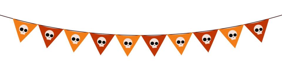 Flag with pumpkins, monsters, vampire bats, skulls and ghosts motif for Halloween decoration on transparent background