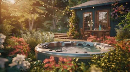 A bubbling hot tub in a backyard. Generative AI.