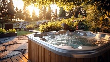 A bubbling hot tub in a backyard. Generative AI.