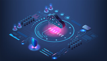 Aufkleber - Digital data cloud. Technology center. Files storage. Virtual server. 3d application platform. Isometric network infrastructure. Database connection. Vector computer system concept