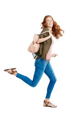 Isolated student woman, backpack and running in portrait, late for class by transparent png background. Girl, travel and rush with run, fast and hurry to college, university or school with laughing