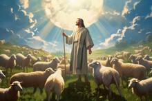 Image Of Shepherd Jesus Christ Leading The Sheep And Praying To God , Created With Generative Ai Technology