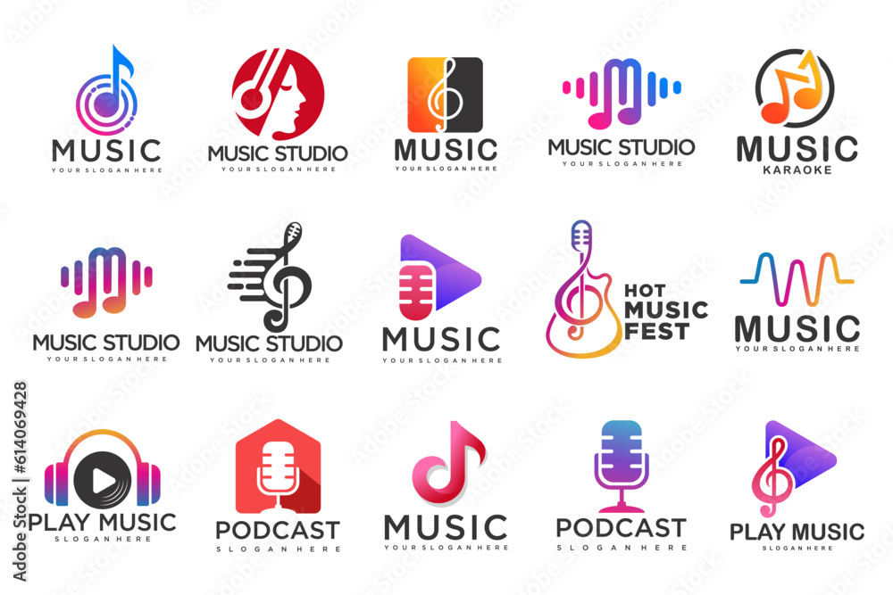 Music icons set.vector logos with musical notes and audio wave .music ...