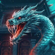 The Dragon Is Blue And Red In Front Of A Building
