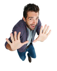 Wall Mural - Scared, fear and anxiety portrait of a man with hands for shield or stop in crisis, horror or danger. Male person from above isolated on a transparent, png background with stress and scary phobia