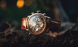 Golden wrist watch isolated on bokeh background
