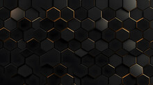 Luxury Hexagonal Abstract Black Metal Background With Golden Light Lines. Dark Grid Pattern. Pure Black Horizontal Banner Wallpaper. Carbon Elegant Wedding BG
