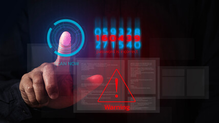 Businessman or programmer using laptop with triangle warning sign, code, cryptography, hacker, crime, virus, for error alert and maintenance concept. Data protection from hackers