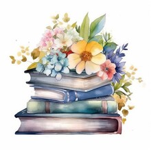 Watercolor Stack Of Books And Flowers White Background  Scrapbook Clipart 