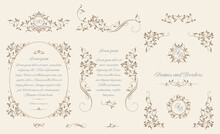 Floral Monograms And Borders, Frames For Cards, Invitations, Menus, Labels. Classic Ornament. Graphic Design Pages. Leafy Border With Calligraphic Elements.