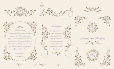 floral monograms and borders, frames for cards, invitations, menus, labels. classic ornament. graphi