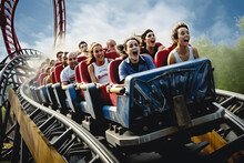 Emotions Screaming With Fright And Joy Ride People On Trolleys In Roller Coaster Turns. Generative AI.
