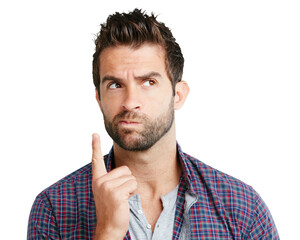 Poster - Confused, thinking and a man with an idea or plan isolated on a transparent png background. Young, planning and an unsure person with doubt about a decision, contemplation or remember a memory