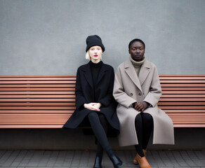 African and Caucasian females dressed in designer clothes sit on a bench