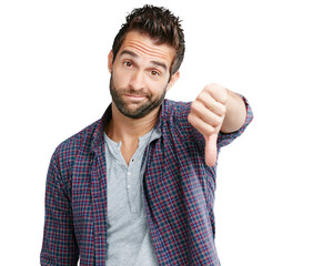 Wall Mural - Isolated man, portrait and reject with thumbs down, sign language and choice by transparent png background. Young guy, negative and dislike with icon, hand emoji and wrong decision with bad review