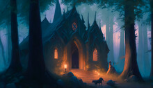 The Unattractive Hut In The Dark Forest: Nightfall. Generative AI.