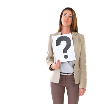 Question mark, poster and confused business woman with doubt isolated on a transparent, png background. Young female, emoji sign board and curious professional of a worker and employee billboard